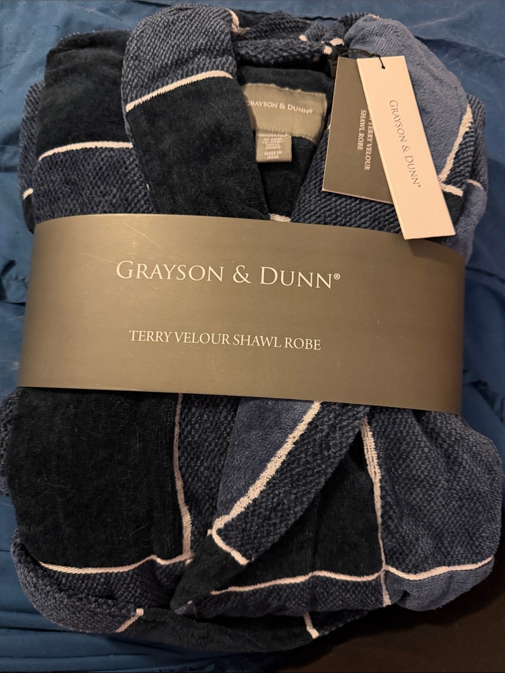 Marshalls Navy and White Windowpane Terry Velour Shawl Robe